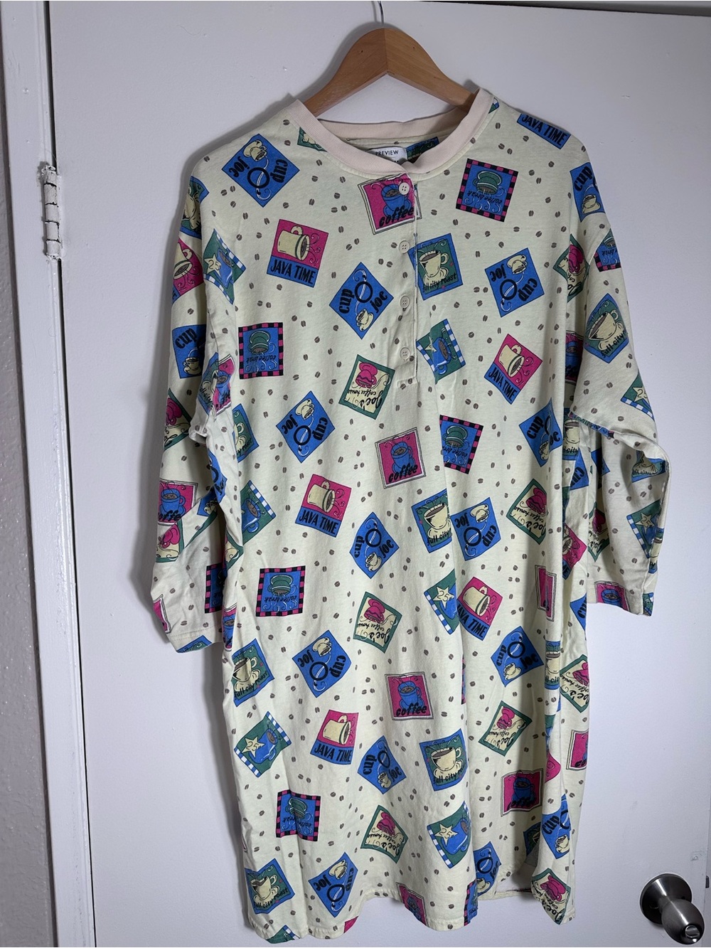 90s Preview Collection Cream Pajama Nightgown with coffee graphics